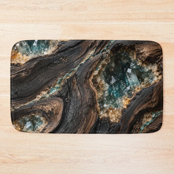 Item preview, Crystal Geodes in Charred Wood – Luxury Turquoise Mineral Abstract Art Print designed and sold by Kaleidoscope Print.