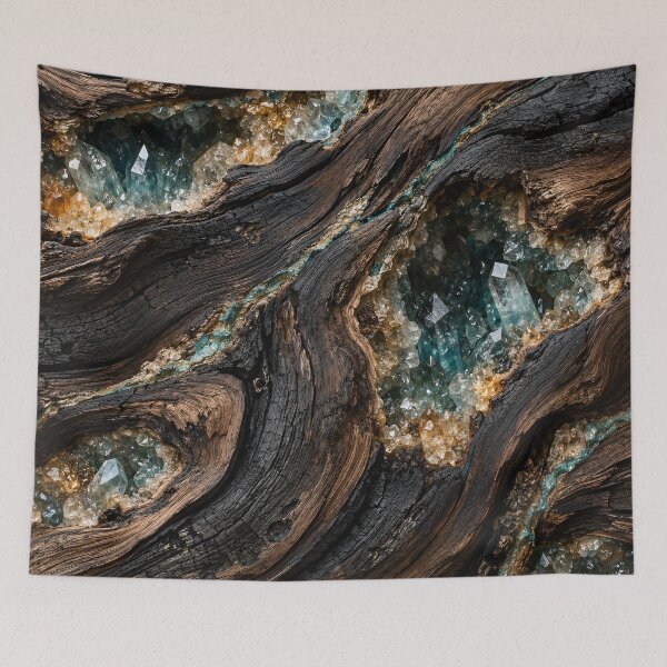 Item preview, Crystal Geodes in Charred Wood – Luxury Turquoise Mineral Abstract Art Print designed and sold by Kaleidoscope Print.