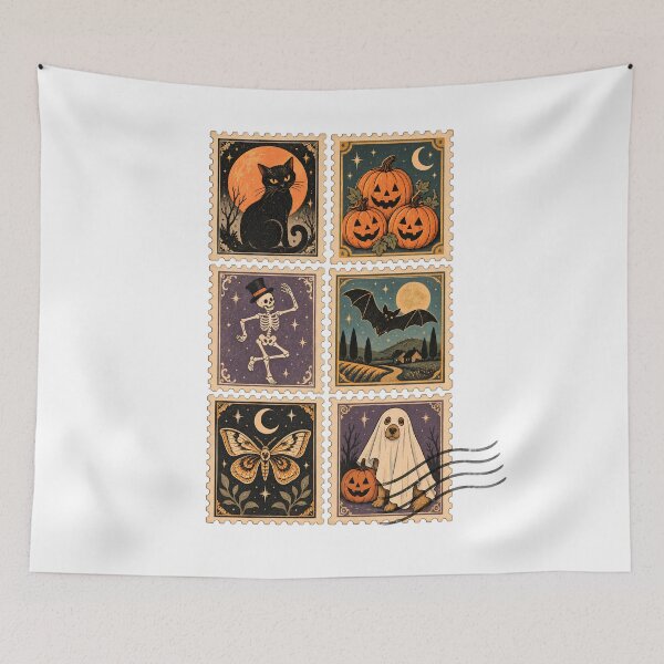 Item preview, Vintage Halloween Stamp Collection – Black Cat, Pumpkins, Skeleton, Bat, Moth & Ghost Dog designed and sold by pinkaesthetik.