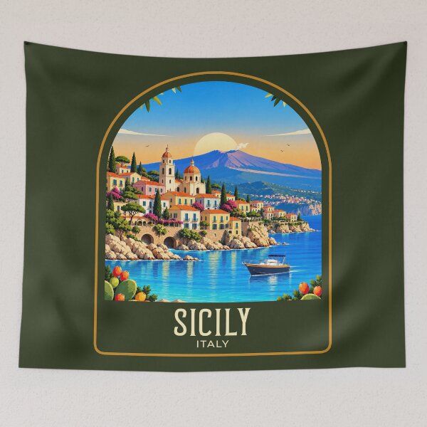 Item preview, Sicily Vintage Travel Illustration designed and sold by HomeLivingCo.
