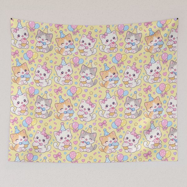 Item preview, Kawaii Birthday Kitty Cupcakes Pastel Party Pattern designed and sold by Soft Berry Studio.