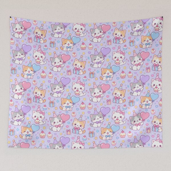 Item preview, Kawaii Birthday Kitty Heart Balloons Pastel Party Pattern designed and sold by Soft Berry Studio.