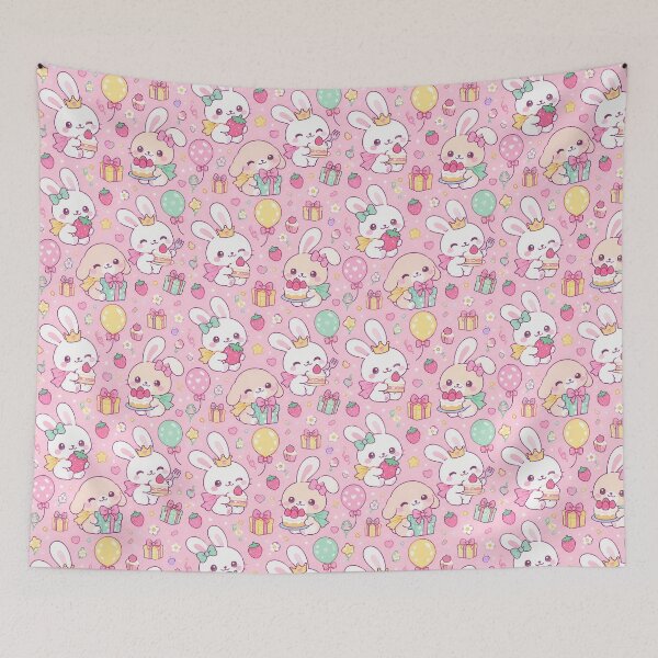 Item preview, Kawaii Birthday Bunny Strawberry Cake Pastel Pattern designed and sold by Soft Berry Studio.