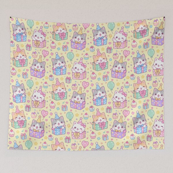 Item preview, Kawaii Birthday Kitty Gift Boxes Pastel Party Pattern designed and sold by Soft Berry Studio.
