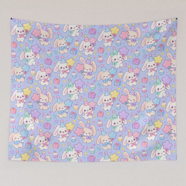 Item preview, Kawaii Birthday Bunny Star Balloons Pastel Party Pattern designed and sold by Soft Berry Studio.