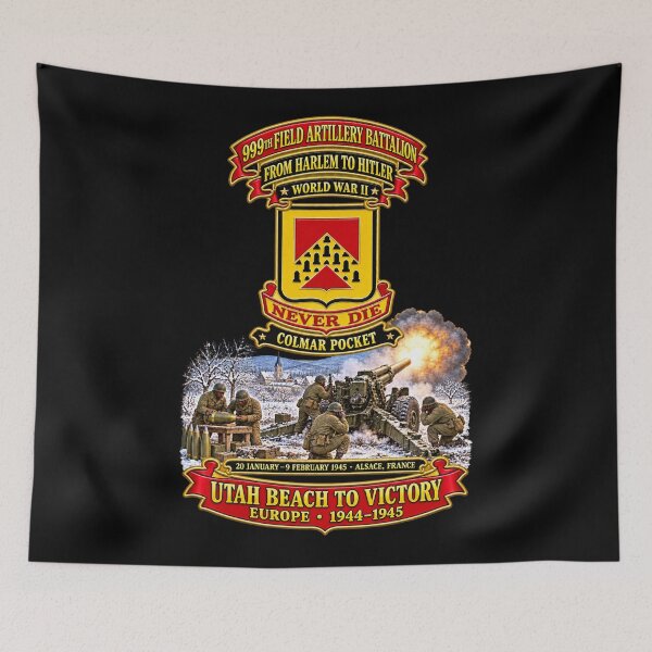 Item preview, 999th Field Artillery Battalion - DUI - Never Die - From Harlem to Hitler - Utah Beach to Victory - Colmar Battle Scene - WWII - 3D - Transparent designed and sold by Military Insignia Products.