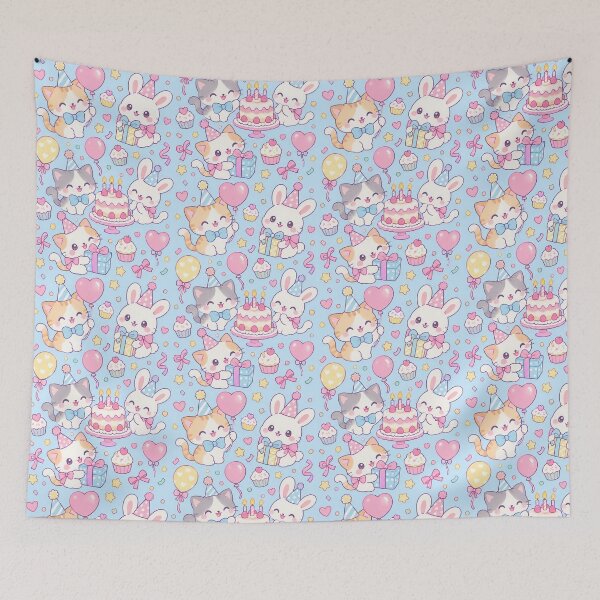 Item preview, Kawaii Birthday Cat and Bunny Best Friends Pastel Pattern designed and sold by Soft Berry Studio.