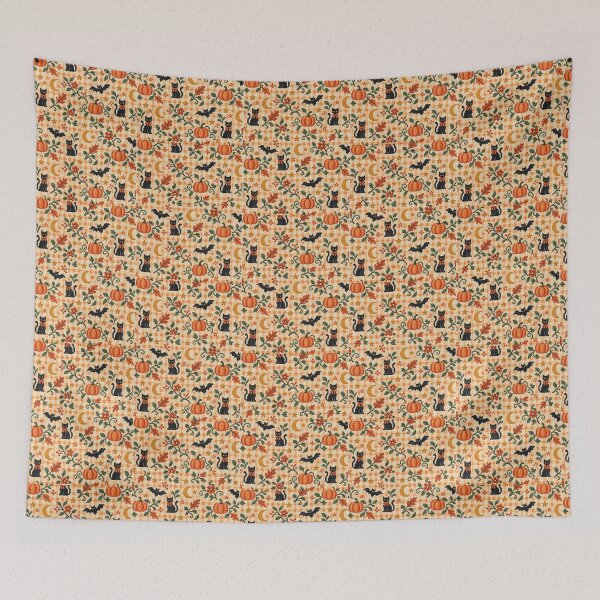 Item preview, Vintage Cross Stitch Halloween Black Cat Pumpkin Seamless Pattern designed and sold by GrimNest.