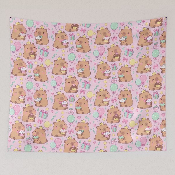 Item preview, Kawaii Birthday Capybara Cupcake Pattern with Gifts and Balloons designed and sold by Soft Berry Studio.