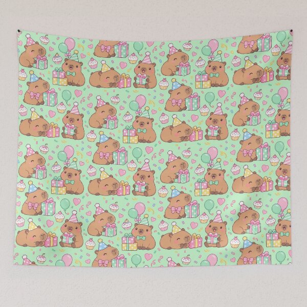 Item preview, Kawaii Birthday Capybara Gift Box Pattern with Balloons and Cupcakes designed and sold by Soft Berry Studio.
