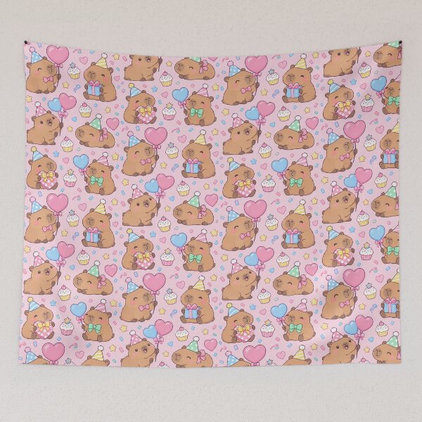 Item preview, Kawaii Birthday Capybara Heart Balloon Pattern with Cupcakes and Gifts designed and sold by Soft Berry Studio.