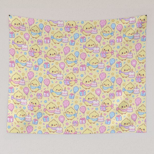 Item preview, Kawaii Birthday Chick Candle Cake Pattern with Balloons and Gifts designed and sold by Soft Berry Studio.