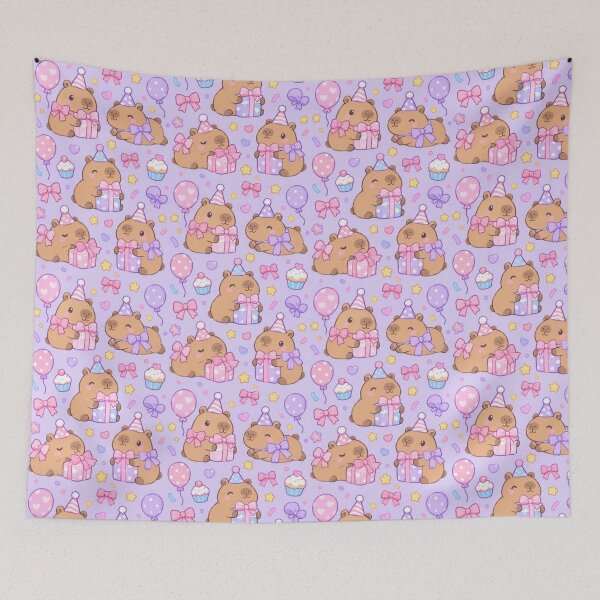 Item preview, Kawaii Birthday Capybara Bow Party Pattern with Presents and Cupcakes designed and sold by Soft Berry Studio.