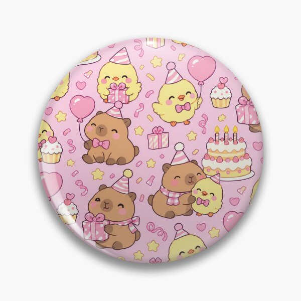 Item preview, Kawaii Birthday Chick and Capybara Friends Pattern with Cake and Gifts designed and sold by Soft Berry Studio.