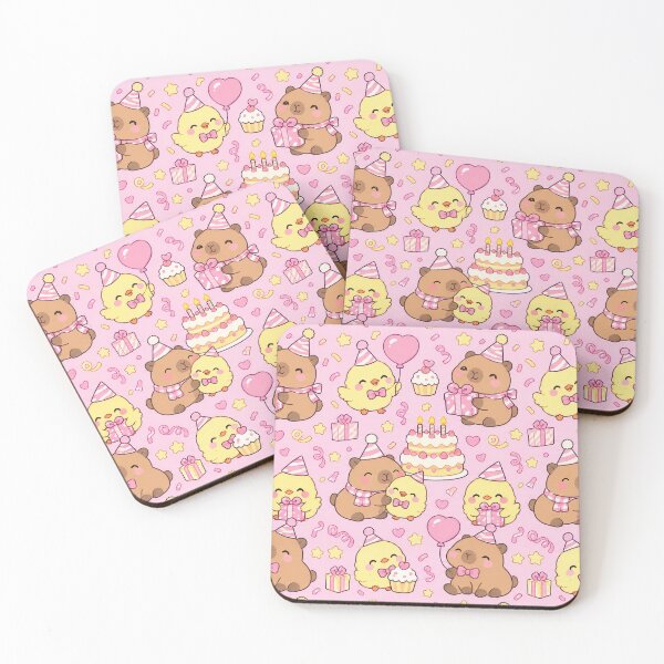 Item preview, Kawaii Birthday Chick and Capybara Friends Pattern with Cake and Gifts designed and sold by Soft Berry Studio.
