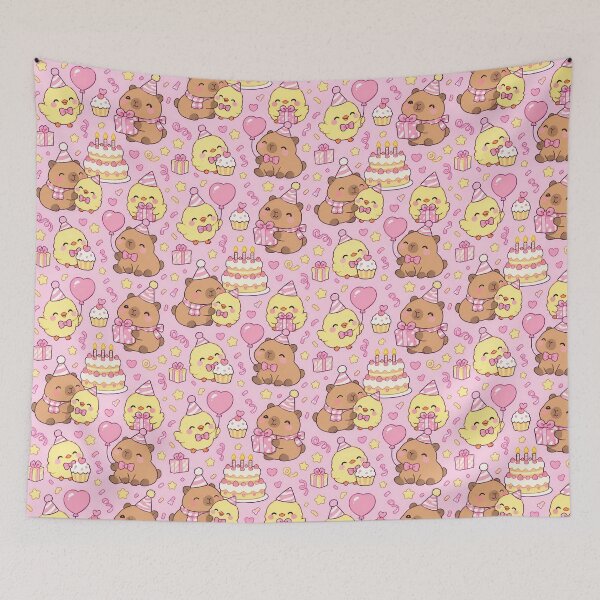 Item preview, Kawaii Birthday Chick and Capybara Friends Pattern with Cake and Gifts designed and sold by Soft Berry Studio.