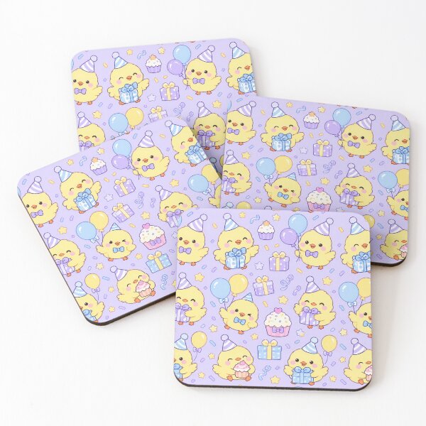 Item preview, Kawaii Birthday Chick Gift Party Pattern with Balloons and Cupcakes designed and sold by Soft Berry Studio.