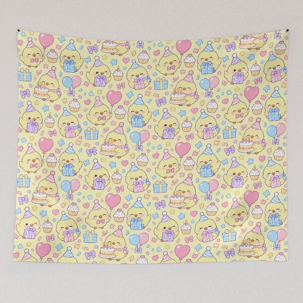 Item preview, Kawaii Birthday Chick Gift Pattern with Balloons and Cupcakes designed and sold by Soft Berry Studio.