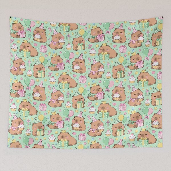 Item preview, Kawaii Birthday Capybara Gift Pattern with Cupcakes and Balloons designed and sold by Soft Berry Studio.