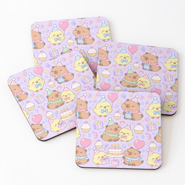Item preview, Kawaii Birthday Chick and Capybara Friends Pattern with Balloons and Cake designed and sold by Soft Berry Studio.