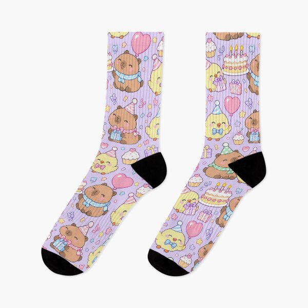 Item preview, Kawaii Birthday Chick and Capybara Friends Pattern with Balloons and Cake designed and sold by Soft Berry Studio.