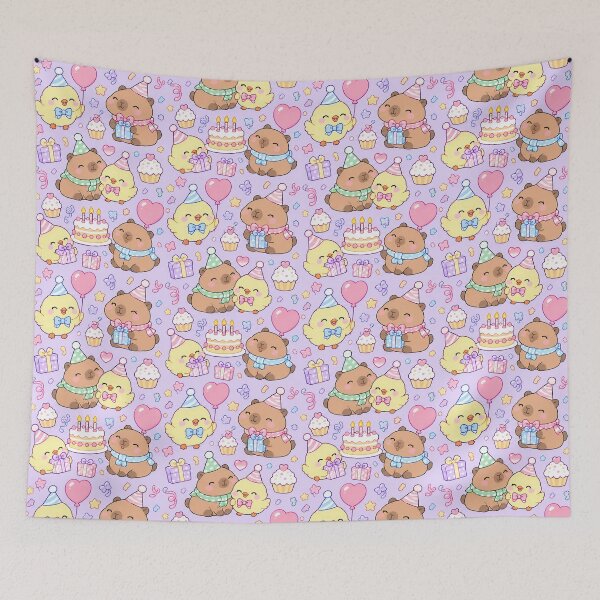 Item preview, Kawaii Birthday Chick and Capybara Friends Pattern with Balloons and Cake designed and sold by Soft Berry Studio.
