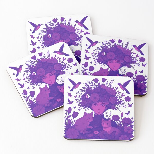 Item preview, Woman with flowers in her hair and cats—anime style. designed and sold by Knock on my door.