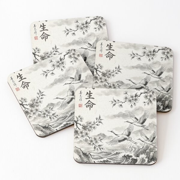 Item preview, Flying Cranes Over Ocean Waves | Japanese Ink Wash Art designed and sold by SoulTreasures.