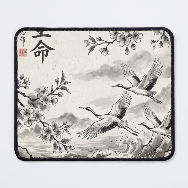 Item preview, Flying Cranes Over Ocean Waves | Japanese Ink Wash Art designed and sold by SoulTreasures.