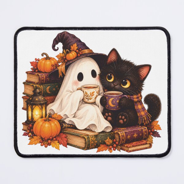 Item preview, Ghost and Black Cat Coffee Books Cozy Halloween Fall designed and sold by Ghost Of Chill.