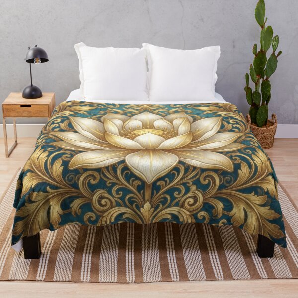 Item preview, Vintage Beige and Gold Lotus on Teal  Ornate Victorian Floral Art designed and sold by MargaretWiktor.