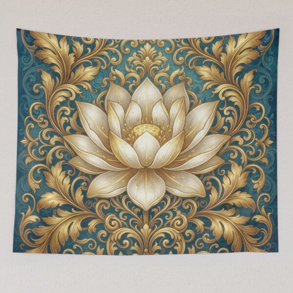 Item preview, Vintage Beige and Gold Lotus on Teal  Ornate Victorian Floral Art designed and sold by MargaretWiktor.