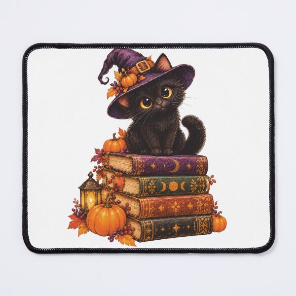 Item preview, Black Cat Purple Witch Hat Books Halloween Cottagecore designed and sold by Ghost Of Chill.