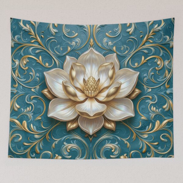 Item preview, Vintage Beige and Gold Magnolia on Teal Ornate Victorian Floral Art designed and sold by MargaretWiktor.