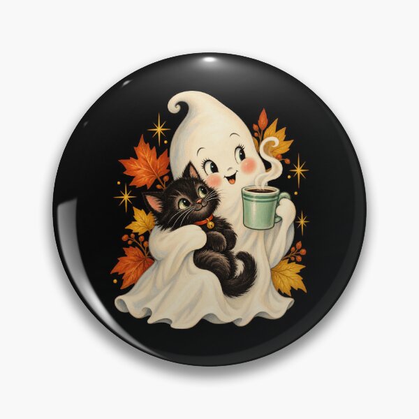 Item preview, Cute Ghost Hugging Fluffy Black Kitten Autumn Leaves Artwork designed and sold by adiencarteras.