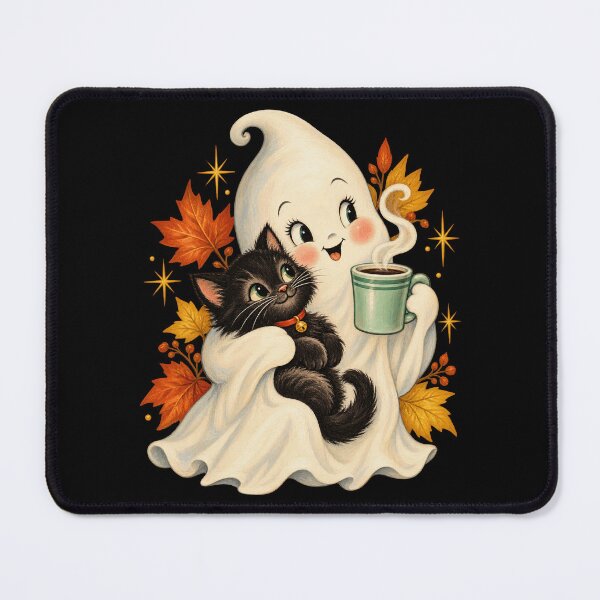Item preview, Cute Ghost Hugging Fluffy Black Kitten Autumn Leaves Artwork designed and sold by adiencarteras.
