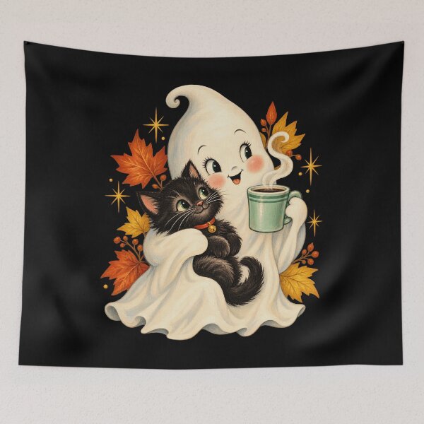 Item preview, Cute Ghost Hugging Fluffy Black Kitten Autumn Leaves Artwork designed and sold by adiencarteras.