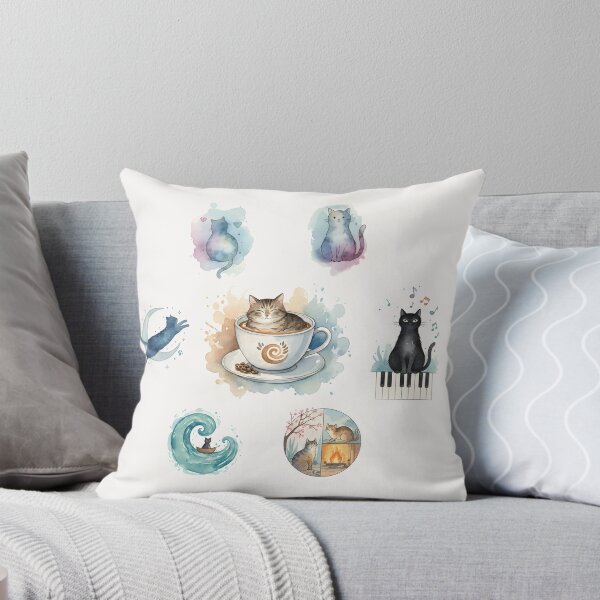 Item preview, Cozy Watercolor Cats Collage Coffee Moon Piano Feline Art designed and sold by VibeShift Studio.
