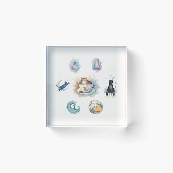 Item preview, Cozy Watercolor Cats Collage Coffee Moon Piano Feline Art designed and sold by VibeShift Studio.