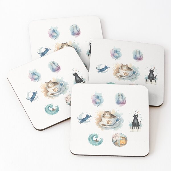 Item preview, Cozy Watercolor Cats Collage Coffee Moon Piano Feline Art designed and sold by VibeShift Studio.