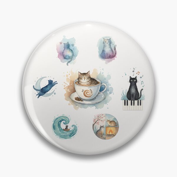 Item preview, Cozy Watercolor Cats Collage Coffee Moon Piano Feline Art designed and sold by VibeShift Studio.