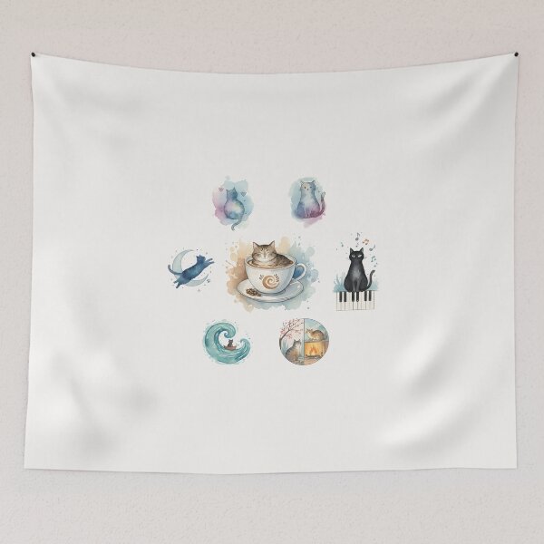 Item preview, Cozy Watercolor Cats Collage Coffee Moon Piano Feline Art designed and sold by VibeShift Studio.
