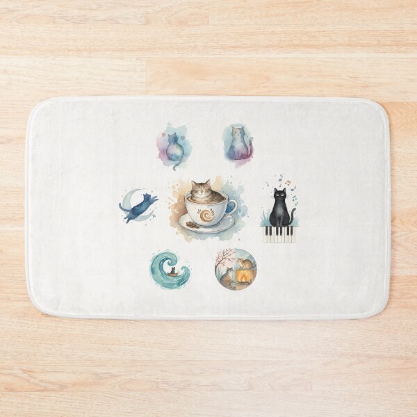 Item preview, Cozy Watercolor Cats Collage Coffee Moon Piano Feline Art designed and sold by VibeShift Studio.