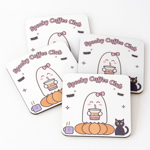 Item preview, Spooky Coffee Club – Cute Ghost with Iced Coffee and Black Cat designed and sold by Aurora Prints.