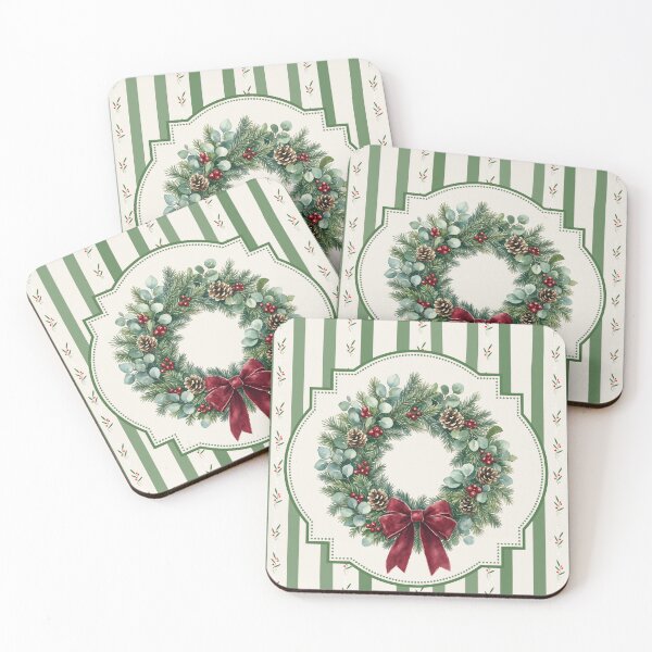 Item preview, Watercolor Christmas Wreath on Striped Background designed and sold by juliaberdugo.