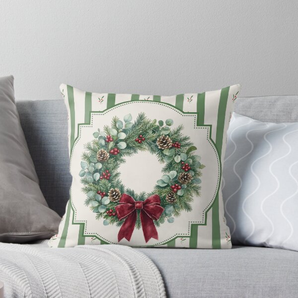 Item preview, Watercolor Christmas Wreath on Striped Background designed and sold by juliaberdugo.
