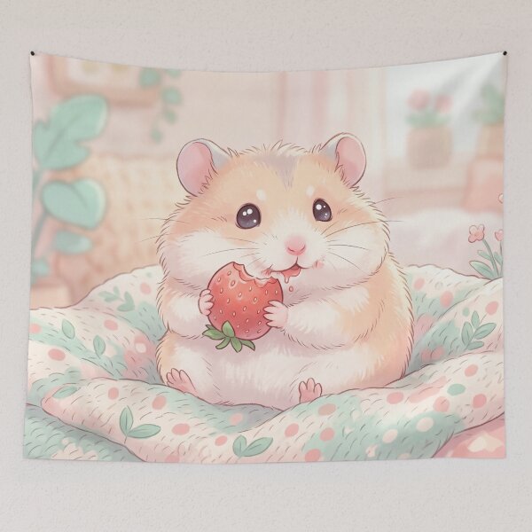 Item preview, Cute Hamster Eating a Strawberry | Whimsical Kawaii Illustration designed and sold by Moonlily Tavern.