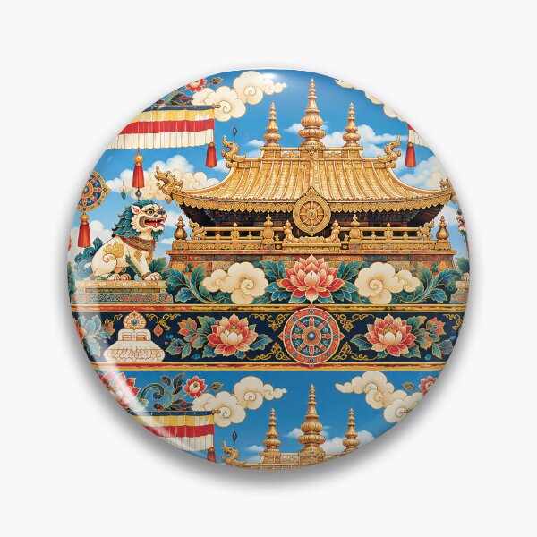 Item preview, Tibetan Buddhist Temple Pattern With Golden Roof, Snow Lions, Lotus Flowers and Auspicious Symbols designed and sold by Gold Turtle  Lina.
