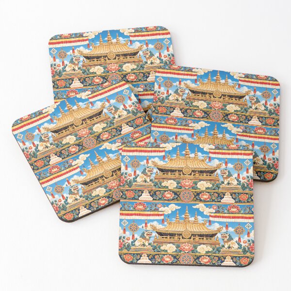 Item preview, Tibetan Buddhist Temple Pattern With Golden Roof, Snow Lions, Lotus Flowers and Auspicious Symbols designed and sold by Gold Turtle  Lina.