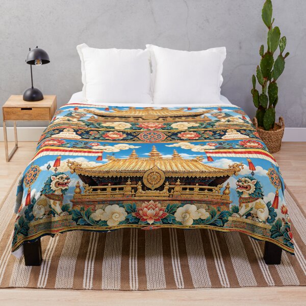 Item preview, Tibetan Buddhist Temple Pattern With Golden Roof, Snow Lions, Lotus Flowers and Auspicious Symbols designed and sold by Gold Turtle  Lina.